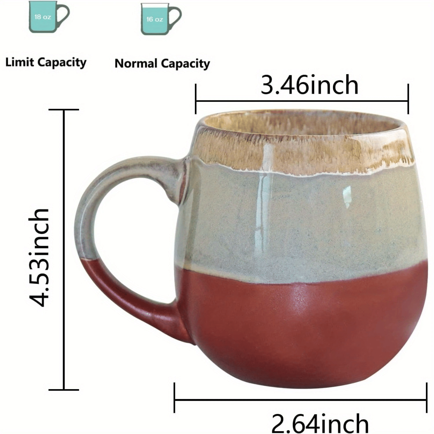 18 oz Large Pottery Coffee Mug, Brown Big Tea Cup for Office and Home, Dishwasher and Microwave Safe